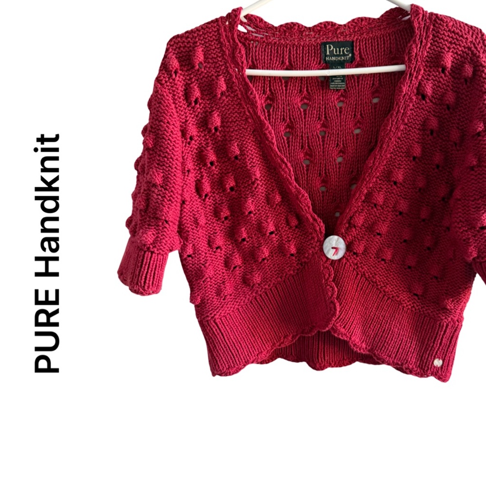 PURE Handknit Cropped short sleeve cardigan 100% cotton red/rust colour